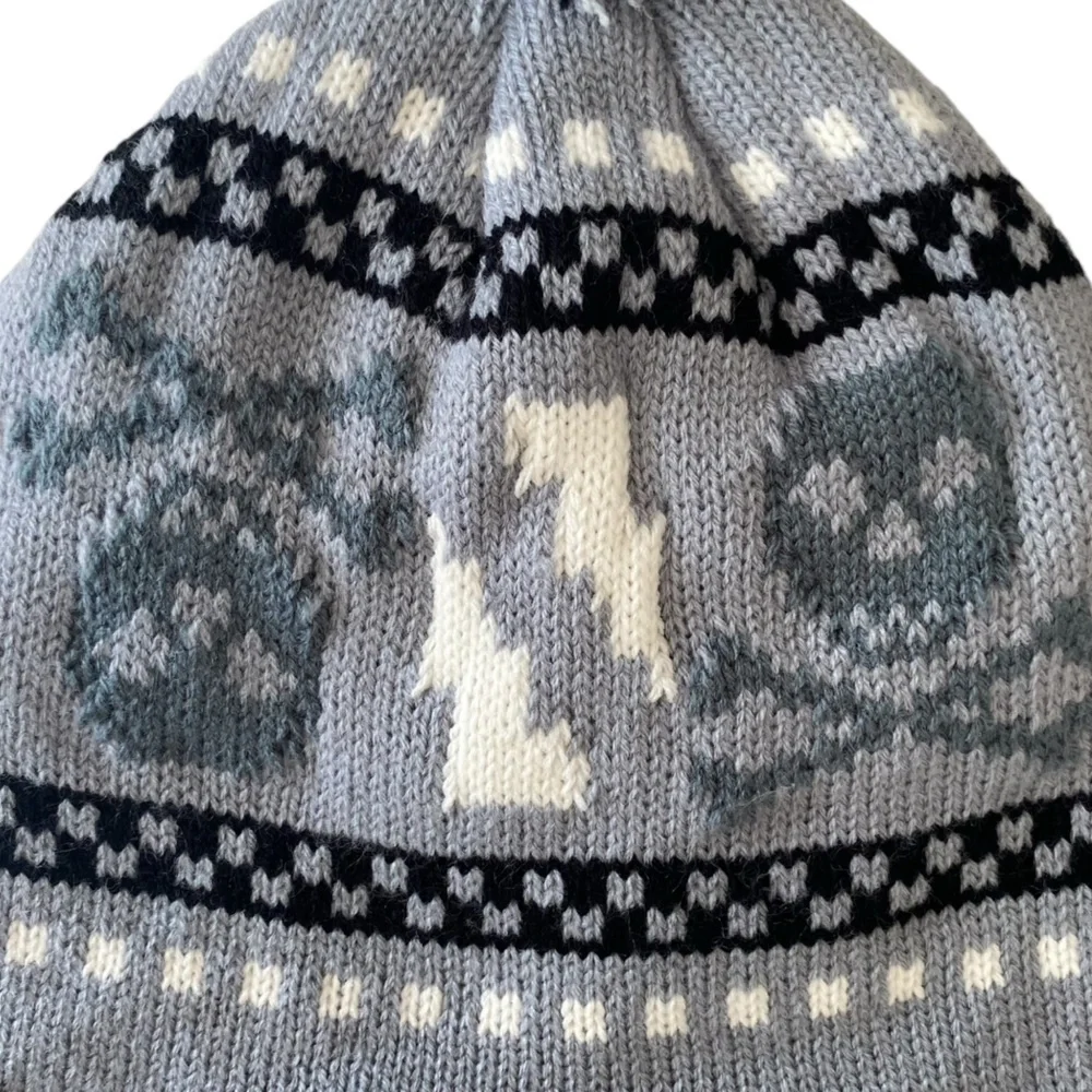 WINTER POMPOM HAT Fleece Lined Skull & Bone Grey White Black Braided Tassels